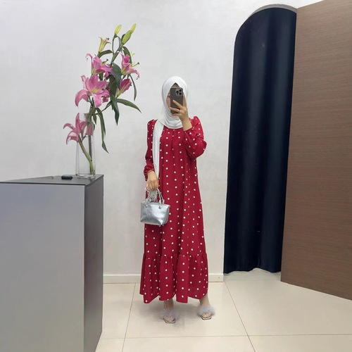 Cross-border Muslim-style crew neck belt bubble sleeve with pocket polka dot dress