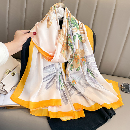  New Retro Printed Silk Scarf Women's Fashion Simulated Silk Summer Sunscreen Shawl Gauze Beach Towel Outerwear