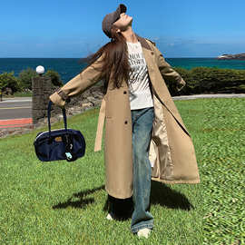 韩版卡其色撞色拼接风衣外套女2025春季新款高级感中长款收腰大衣