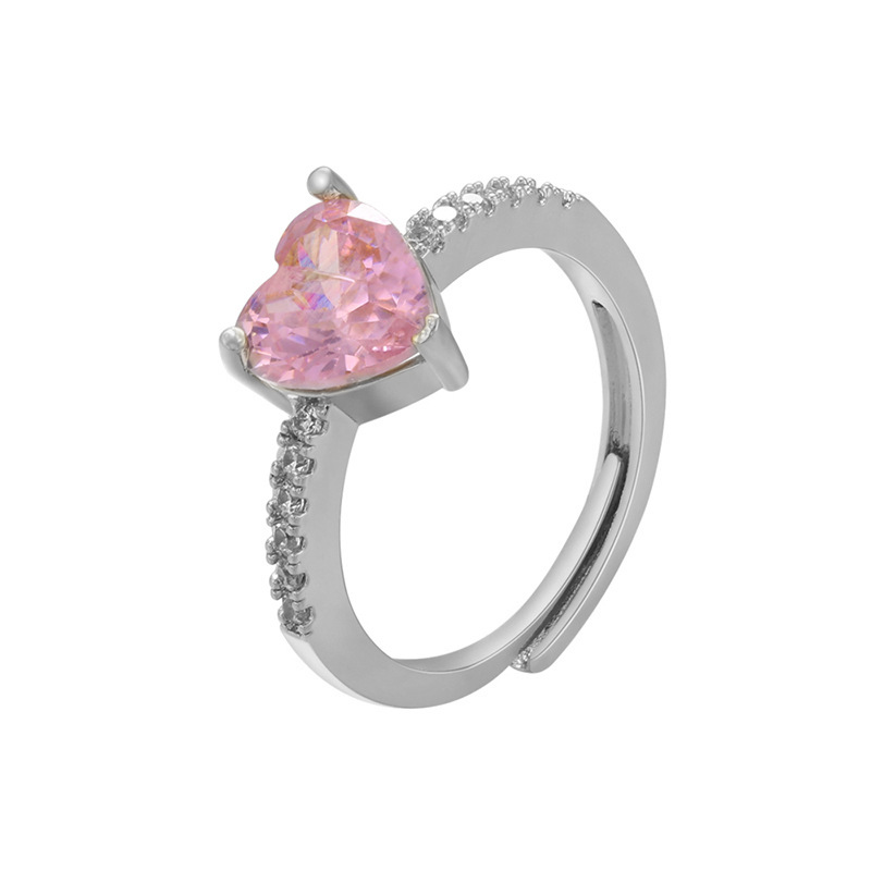 Adjustable Ring Size Daily Occasion Copper Material Fashion Heart Shape Copper Zircon Open Ring In Bulk