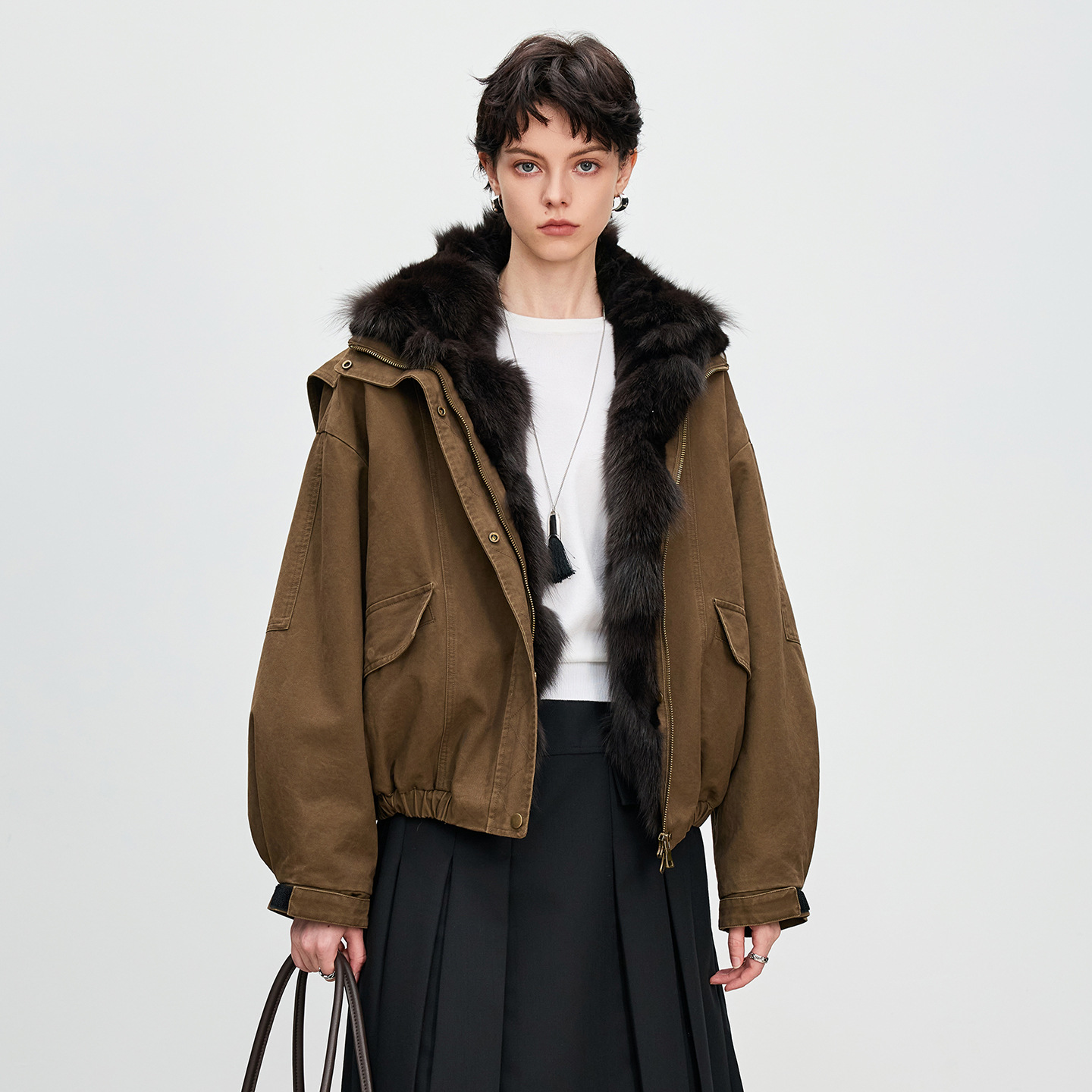 派克服女2025冬新款进口狐狸毛内胆皮草外套牛仔夹克年轻款小个子