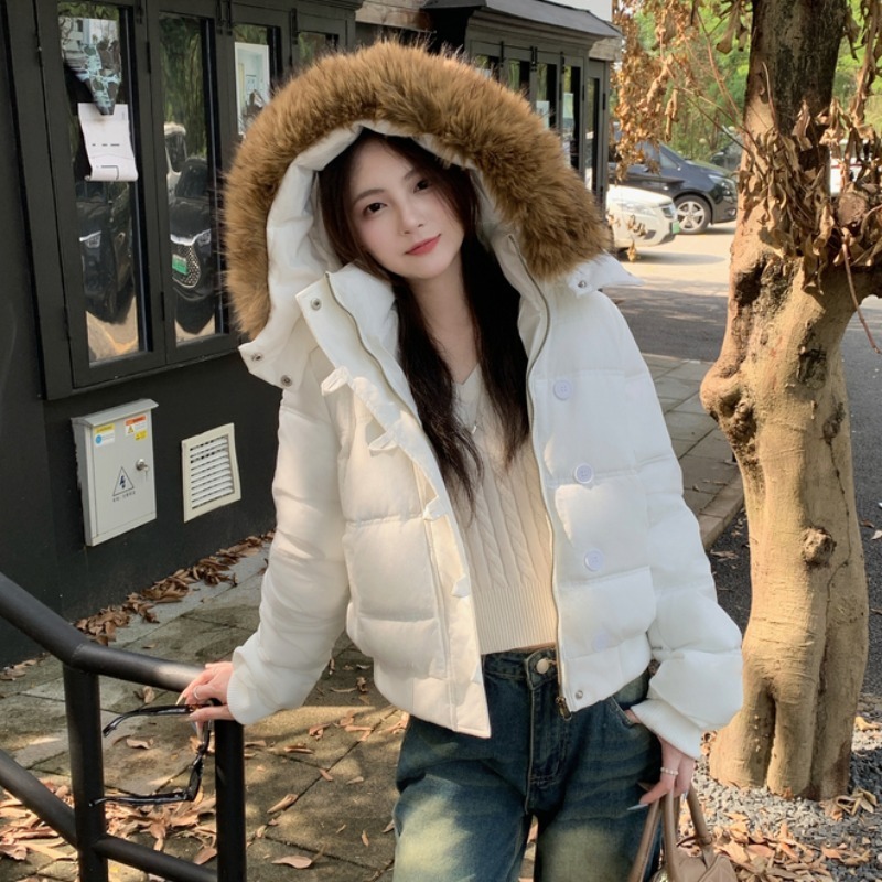 冬季百搭藏青色连帽毛领短款棉衣棉袄女新款保暖加厚羽绒棉服外套|undefined
