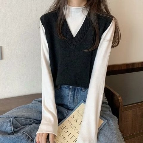 Chaleco suéter para mujer 2022 Otoño e Invierno Nuevo estilo exterior e interior chaleco negro interior medio cuello alto sin mangas de punto camisa de fondo image 7