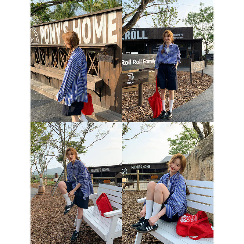 Flip Pocket Blue Striped Shirt for Women, Summer 2025 New Style, Loose Fit, Slimming Long-Sleeve Shirt Flip Pocket Blue Striped Shirt for Women, Summer 2025 New Style, Loose Fit, Slimming Long-Sleeve Shirt
