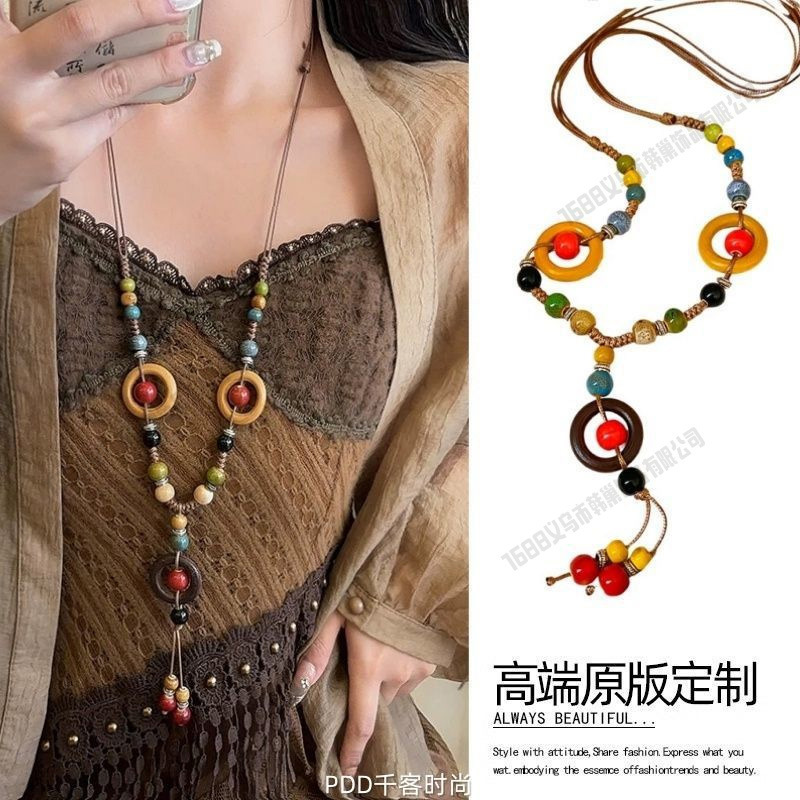 新しい中国風の禅ロングフェザーネックレスレトロエスニックスタイルセラミックセーターチェーンボヘミアンペンダントアクセサリー女性のための|undefined