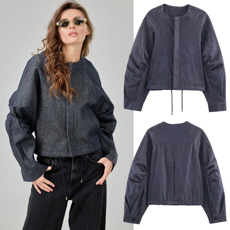 Cross-Border European and American Women's Clothing Aliexpress Hot-Selling Spring New Fashion Denim Puffy Bomber Jacket Cross-Border European and American Women's Clothing Aliexpress Hot-Selling Spring New Fashion Denim Puffy Bomber Jacket