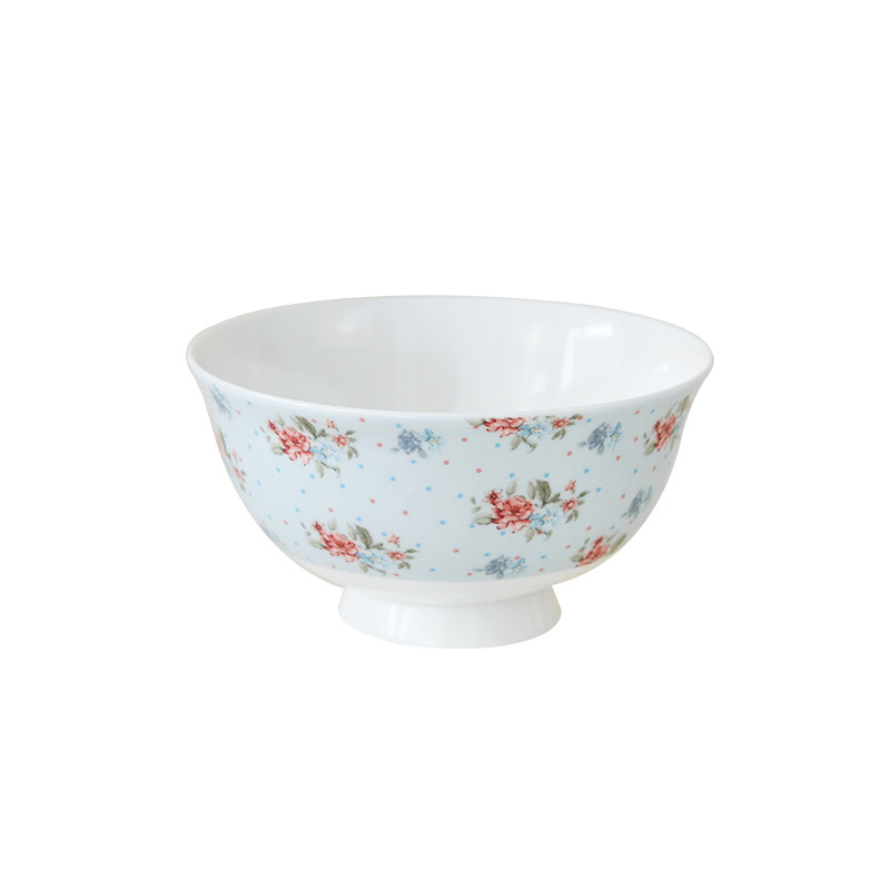 Flores románticas de alto valor de hueso de porcelana cubiertos de platos de boda nuevo hogar de cerámica cuenco de arroz anti-calor casero cuenco de pies altos