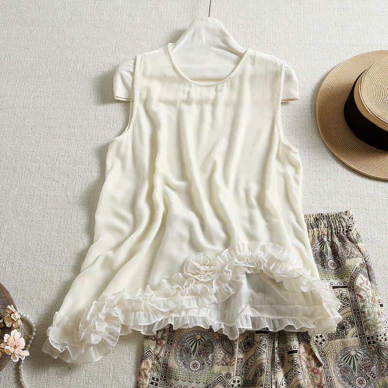 Nanyou Silk Velvet Top for Women, Summer High-End Style, Round Neck, Sleeveless, Irregular Three-Dimensional Lace, Fashionable Loose Vest