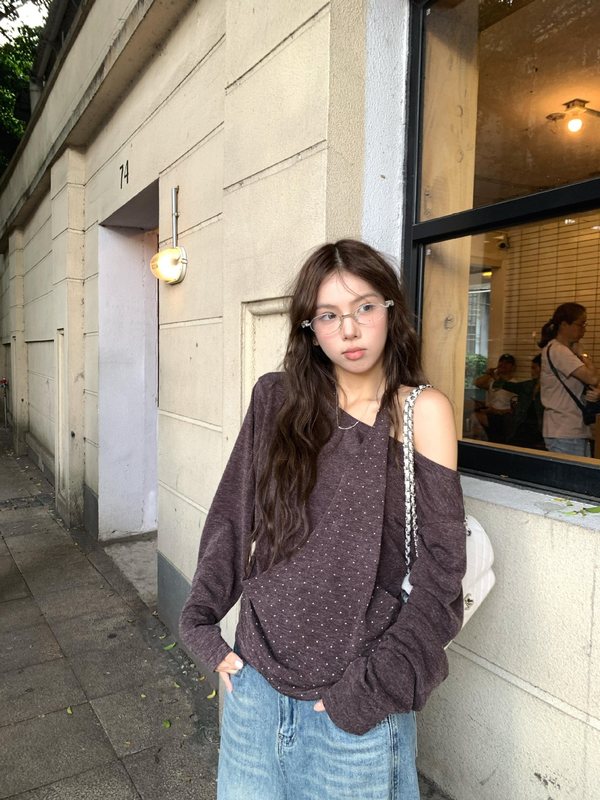 美式复古波点挂脖假两件长袖t恤女秋季松弛感宽松绝美露肩打底衫|undefined