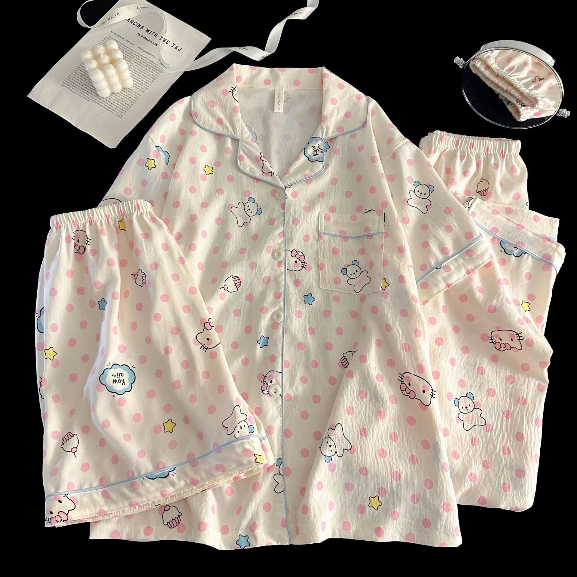 Comercio exterior transfronterizo 120G nube algodón traje de tres piezas pole point kt gato pijamas mujeres lindo solapa pantalones de manga corta servicio a domicilio
