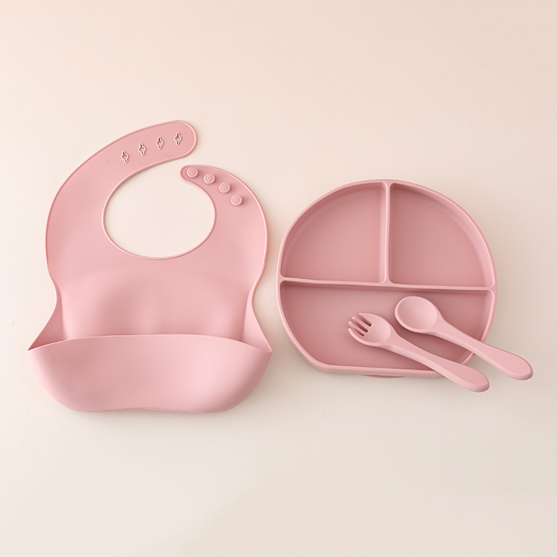Juego de vajilla de silicona para bebés, vajilla de alimentación para bebés recién nacidos, plato de comedor de rejilla dividida de silicona, babero de tazón de alimentos al por mayor