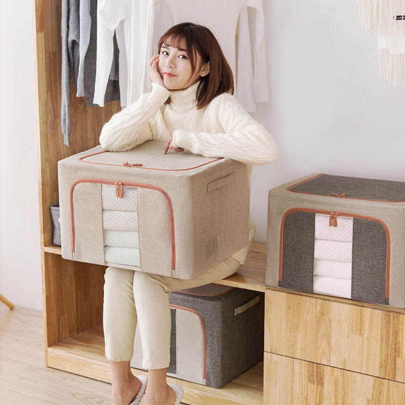 Caja de almacenamiento plegable de gran capacidad de algodón y lino ropa de hogar edredón de almacenamiento y acabado de tela caja de almacenamiento de marco de acero en stock