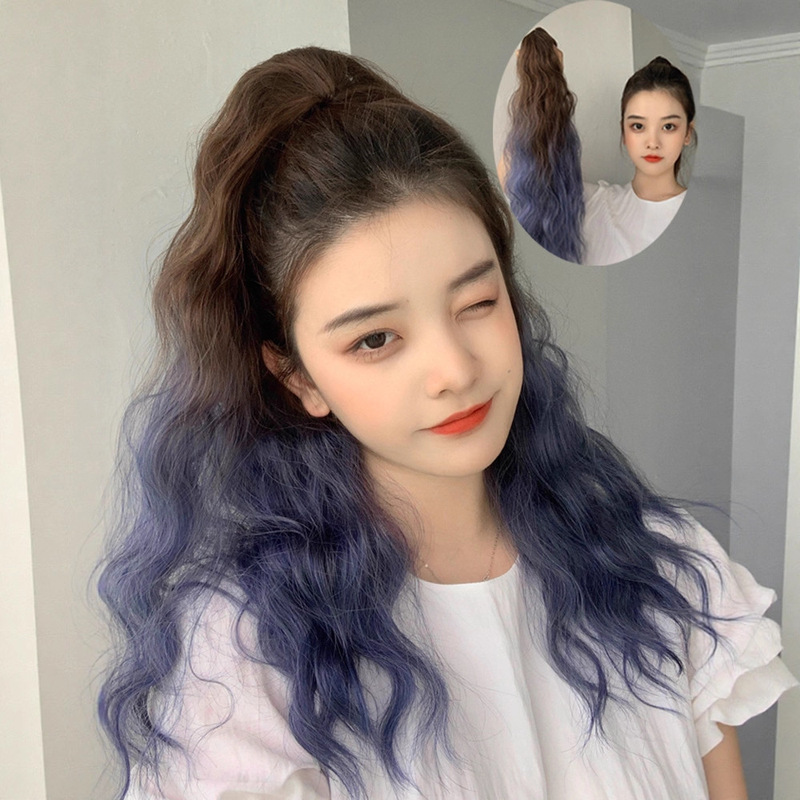 Wig ponytail female highlight gradient haze blue color fluffy long curly hair big wave high ponytail small hair clip braid