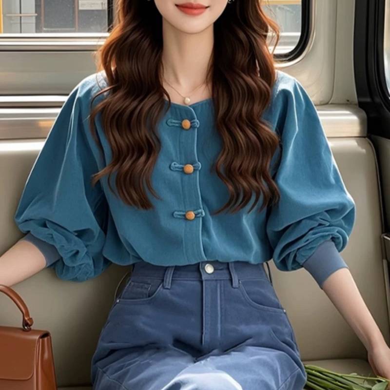New Chinese Style Peacock Blue Corduroy Long-sleeved Shirt Women's Light Luxury High-end Western Style National Style Top Copper Wear New Chinese Style Peacock Blue Corduroy Long-sleeved Shirt Women's Light Luxury High-end Western Style National Style Top Copper Wear