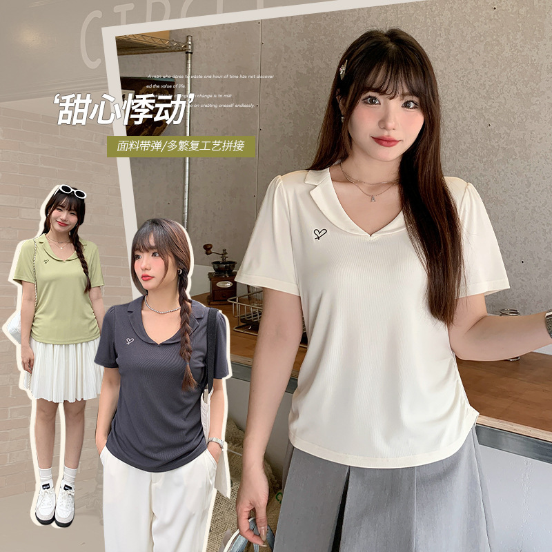 Slim-Fit V-Neck T-Shirt with Puff Sleeves for Women, Summer Plus-Size Women's Clothing, Ruched Short-Sleeve Embroidered Top 62876