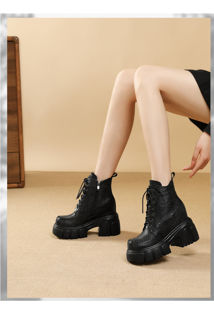 Boot nữ da thật cổ cao ôm bắp chân, đế dày 10 cm, phong cách cổ điển — Lớp lót nhung đen chi tiết 10