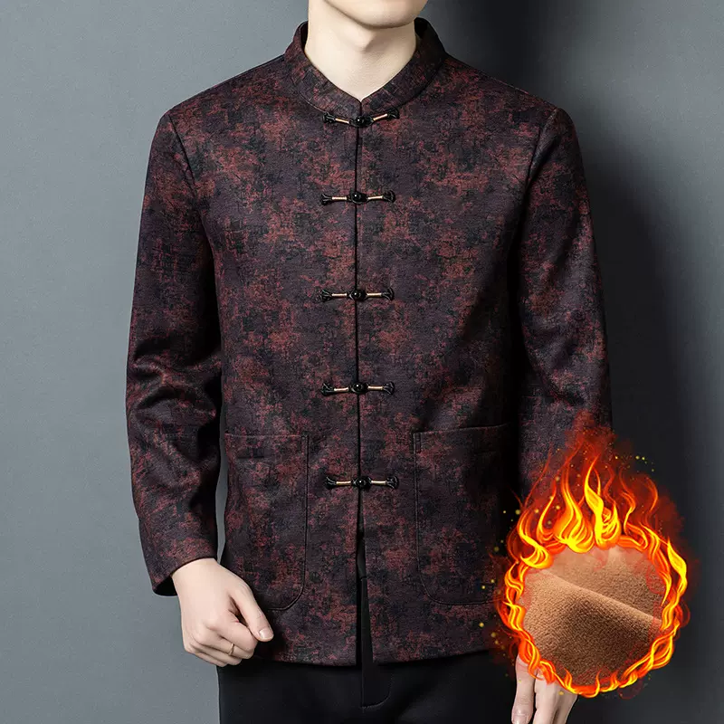 立领唐装外套男士冬加绒新中式国风印花含羊绒桑蚕丝宽松休闲复古