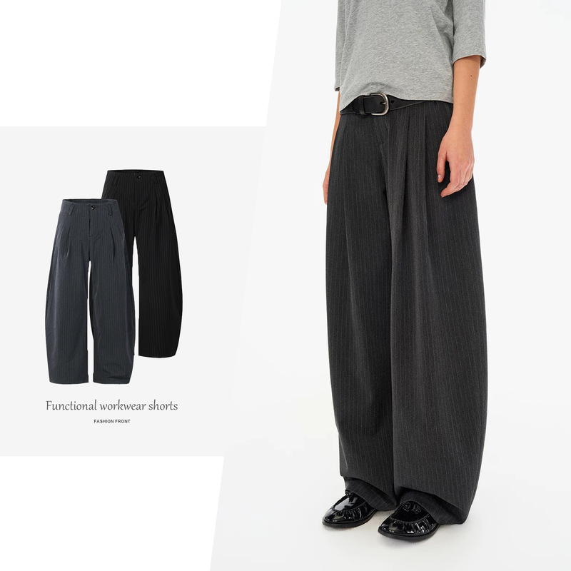 【Jmwh】Northbutsouth Vertical Striped Waistless Classic Relaxed Mid-Waist Scissor-Cut Casual Pants 【Jmwh】Northbutsouth Vertical Striped Waistless Classic Relaxed Mid-Waist Scissor-Cut Casual Pants