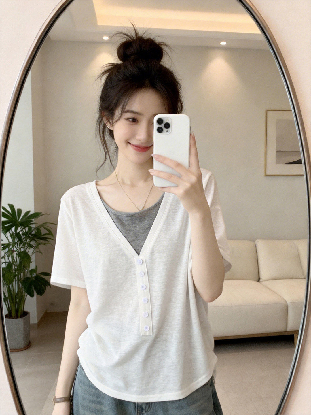 Áo thun nữ tay ngắn giả hai lớp chất liệu Ice Silk rộng thoải mái phong cách lười biếng dễ phối đồ — màu đen chi tiết 5