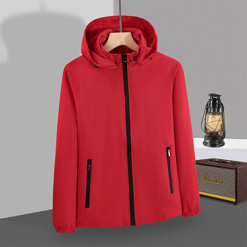 Primavera y otoño collar de pie con capucha chaqueta de una sola capa a prueba de viento impermeable ropa de trabajo al aire libre logotipo personalizado Grupo chaqueta de hombres y mujeres