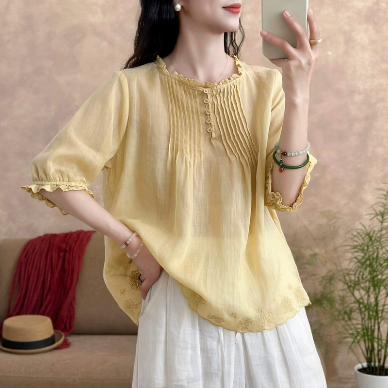 2026 Summer New Simple and Stylish Ramie Shirt for Women, Artistic Retro Loose Lace Collar Slimming Pullover Top