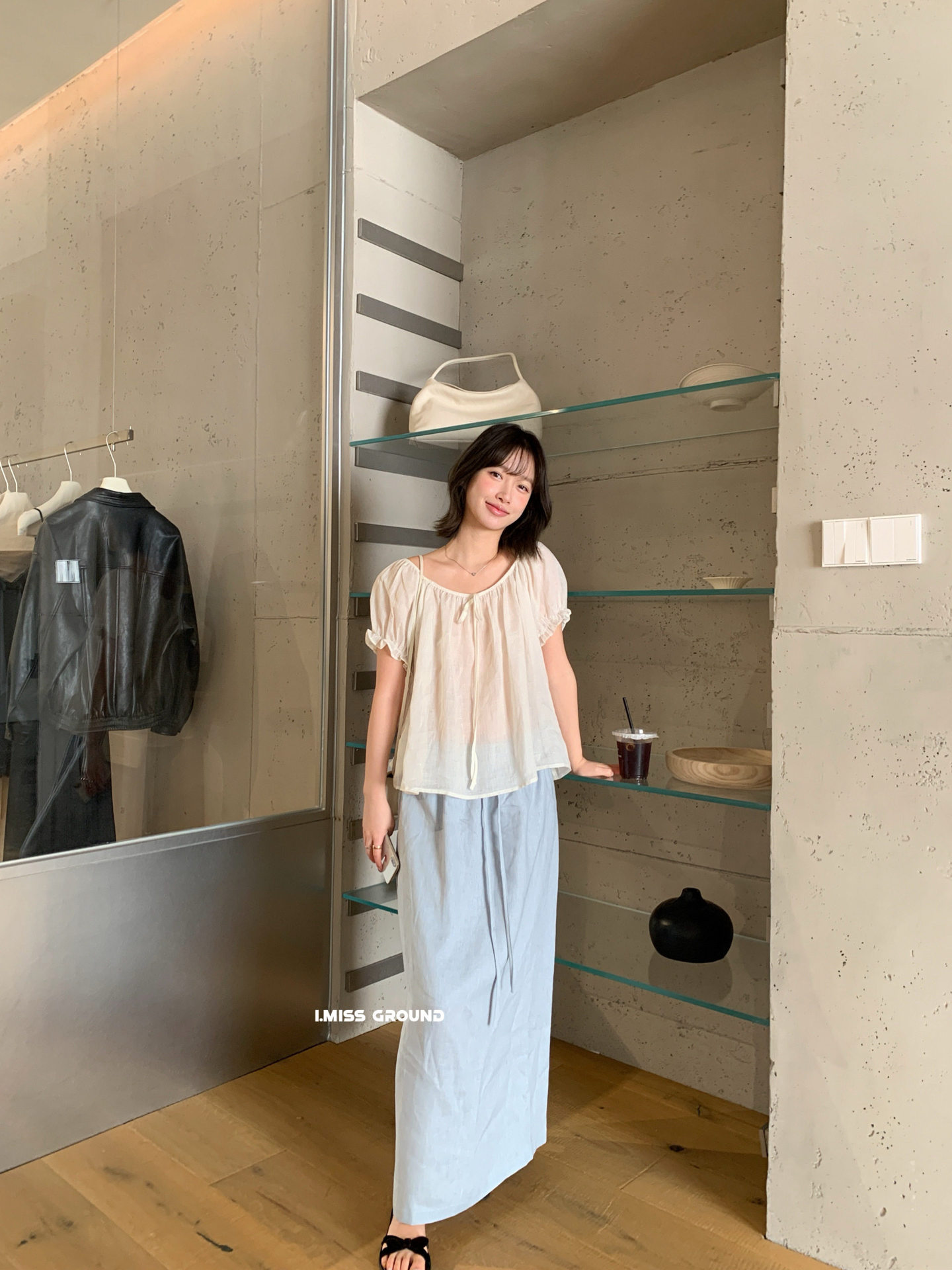 Áo sơ mi nữ tay bồng dây rút chất liệu ramie phong cách Pháp — xanh đậm, màu hồng, Xanh nước, ngọc trai trắng chi tiết 24