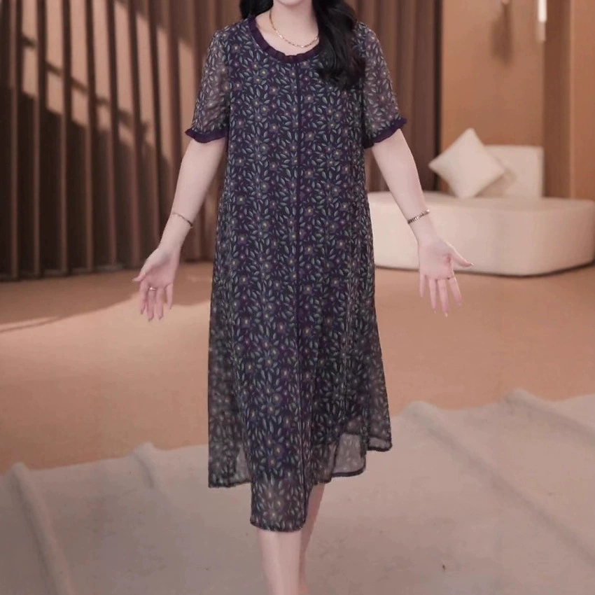 2025 модное повседневное свободное утягивающее шифоновое прямое драпированное платье с цветочным принтом 120kg женская одежда больших размеров