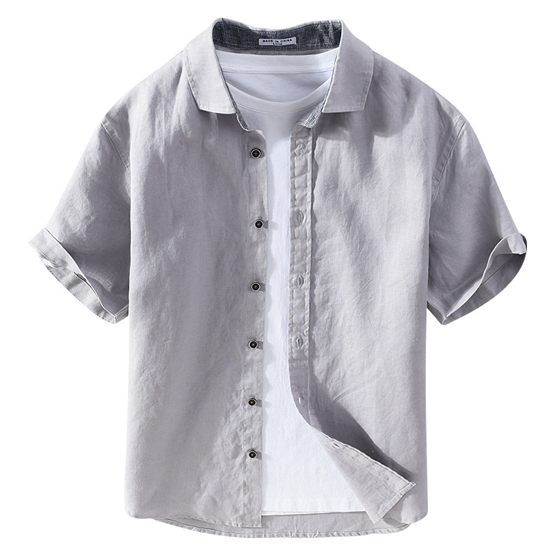 Zomer nieuw puur linnen effen kleur casual overhemd met korte mouwen voor heren zomer vierkante hals jeugd slim fit linnen overhemd_voghion.com