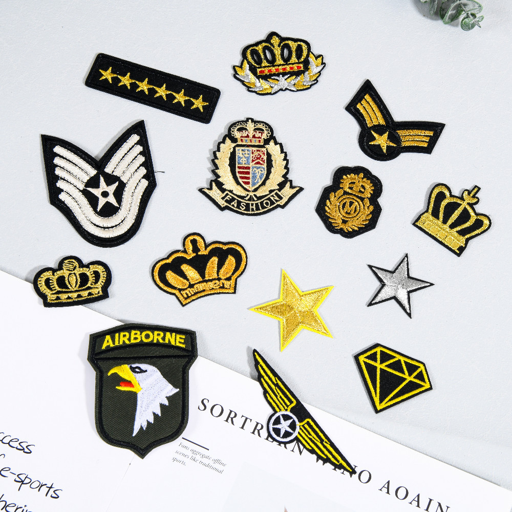 馨文现货直销电脑绣花布贴刺绣徽章皇冠标老鹰金线服装鞋帽搭配外