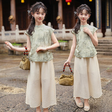 2024夏季新款女童套装夏装中国风汉服短袖上衣新中式阔腿裤两件套