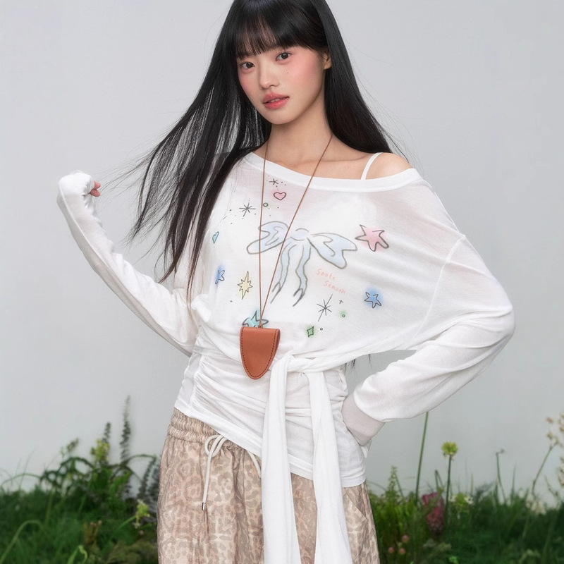 Original Korean-style oblique shoulder strap printed sunscreen slim-fit long-sleeve T-shirt blouse top for women