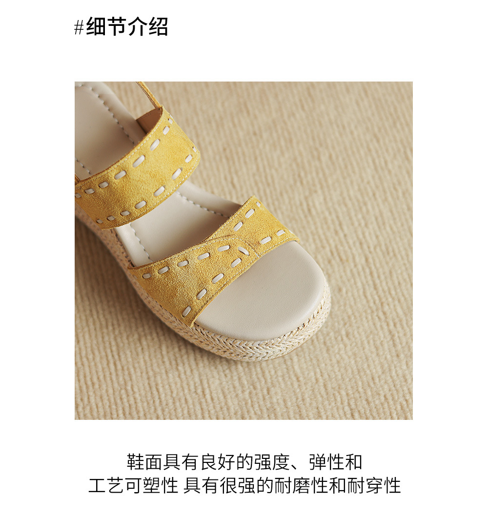 Sandal nữ đế xuồng đan rơm cao gót, quai ngang một dây, phong cách hè thoải mái — Màu caramel, màu vàng chi tiết 5