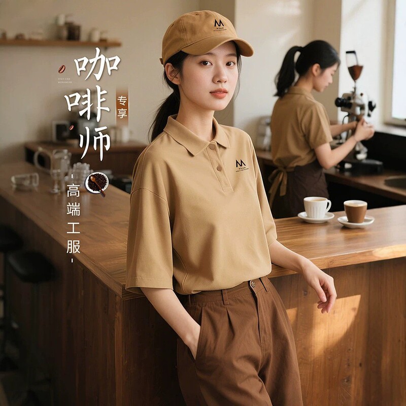 Customized Work Clothes for Milk Tea Shops with Logo Printing, High-End Catering, Coffee Shop, and Bakery Employee Uniforms, Short-Sleeved T-Shirts for Summer Customized Work Clothes for Milk Tea Shops with Logo Printing, High-End Catering, Coffee Shop, and Bakery Employee Uniforms, Short-Sleeved T-Shirts for Summer