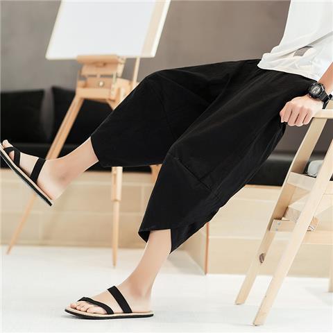 Pantalones casuales delgados originales, pantalones cortos para hombres, bombachos, pantalones anchos sueltos de algodón y lino, pantalones harem de gran tamaño, pantalones de lino