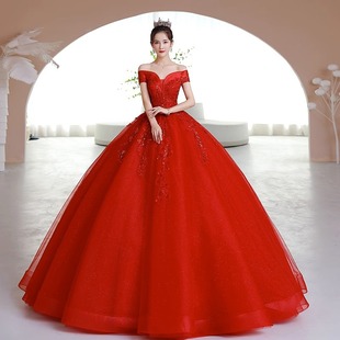 Red Autumn One Shoulder Chinese Style Palace Wedding Dress Puff Skirt Bridal Main Wedding Dress 2025 New Heavy Industry High-End