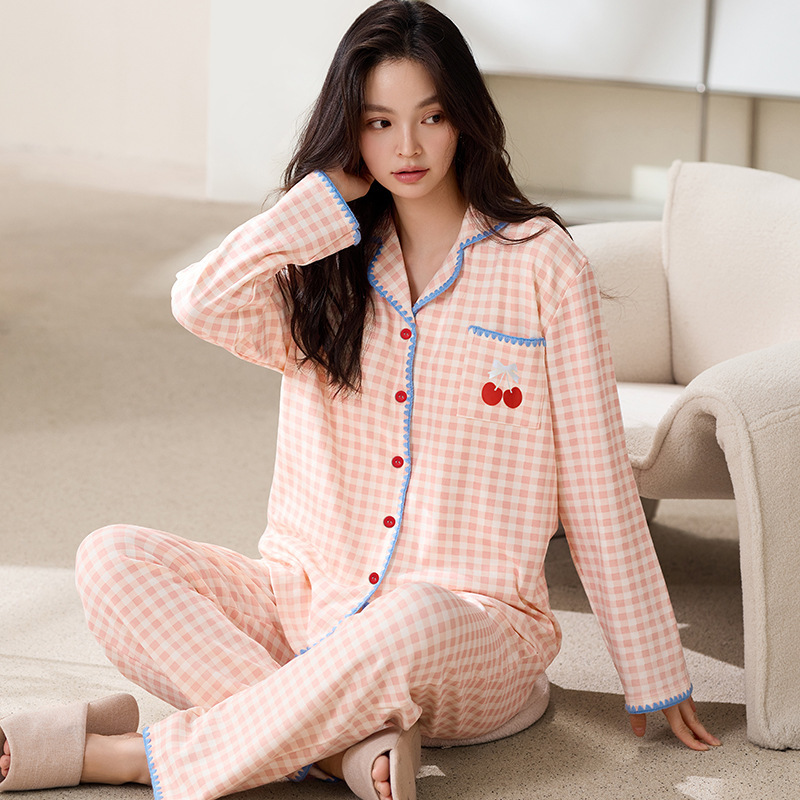 2025新款春秋季纯棉开衫睡衣女长袖长裤亲肤家居服透气全棉可外穿|undefined
