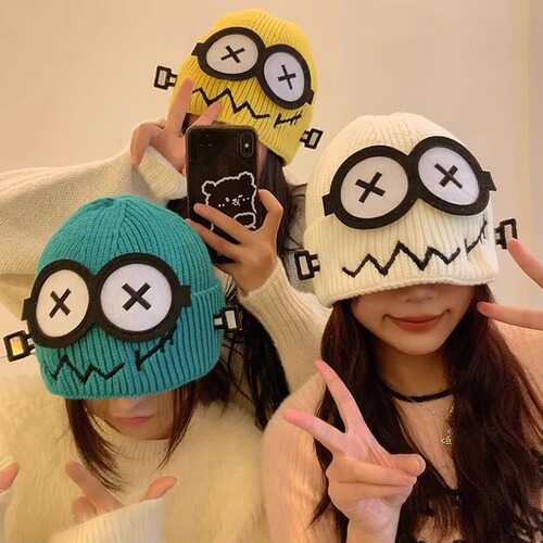 Cute Knitted Wool Cartoon Cold-Resistant Warm Autumn and Winter Small New Design Funny Face Wool Hat for Women