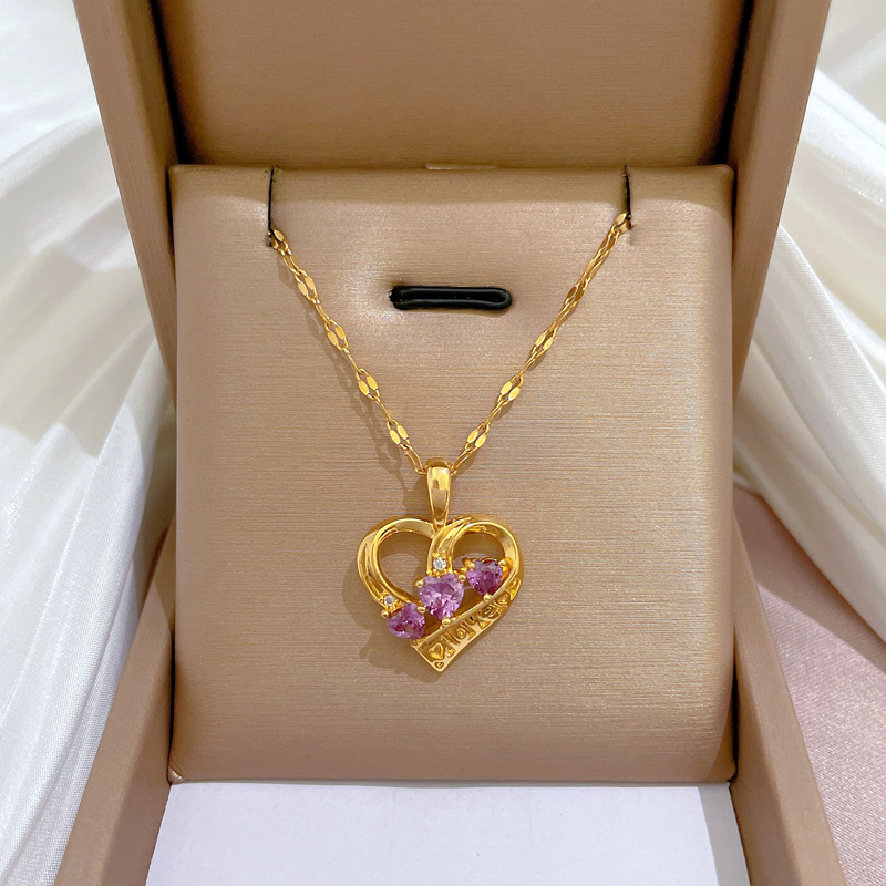 Fashion Heart Shape Titanium Steel Chain Inlay Artificial Diamond Pendant Necklace 1 Piece