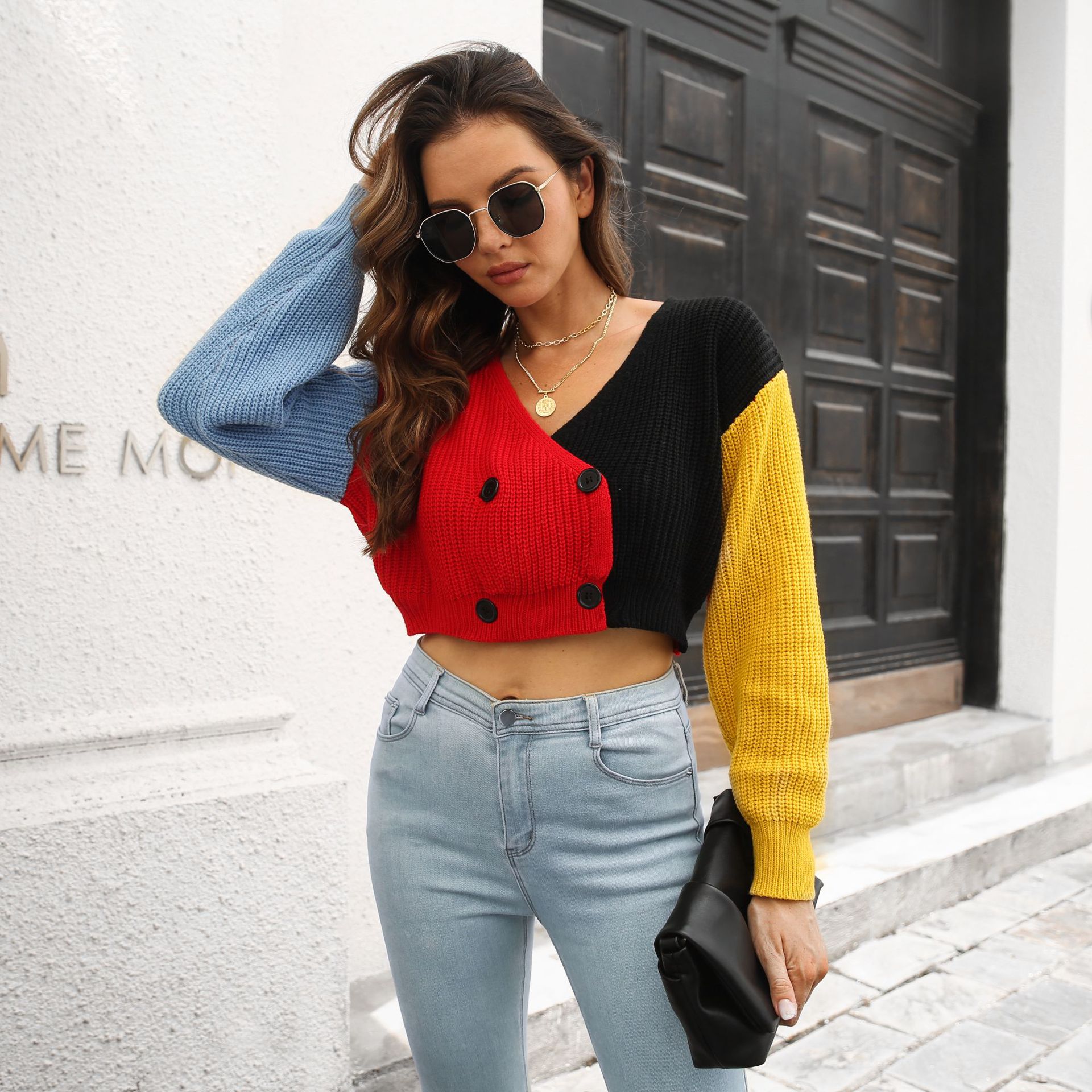 Double Breasted Stitching Contrast Color Knitted Sweater Cardigan Cropped Coat Women Long Sleeve Autumn Winter Women