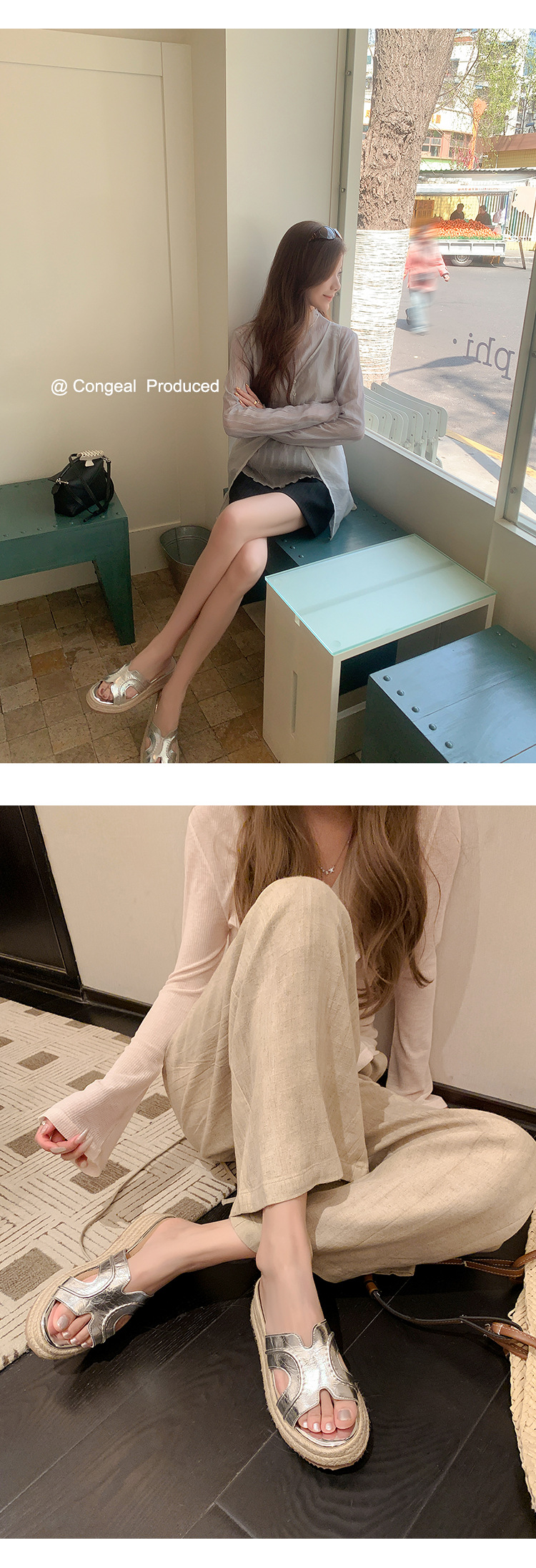 Dép sandal nữ quai chữ H đế đan rơm cao gót xuồng — màu trắng ngà, bạc chi tiết 9