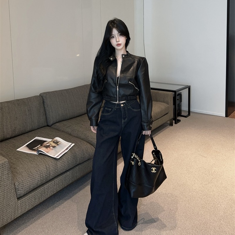 秋季新款甜酷辣妹百搭短款机车服夹克高腰皮衣外套女上衣|undefined