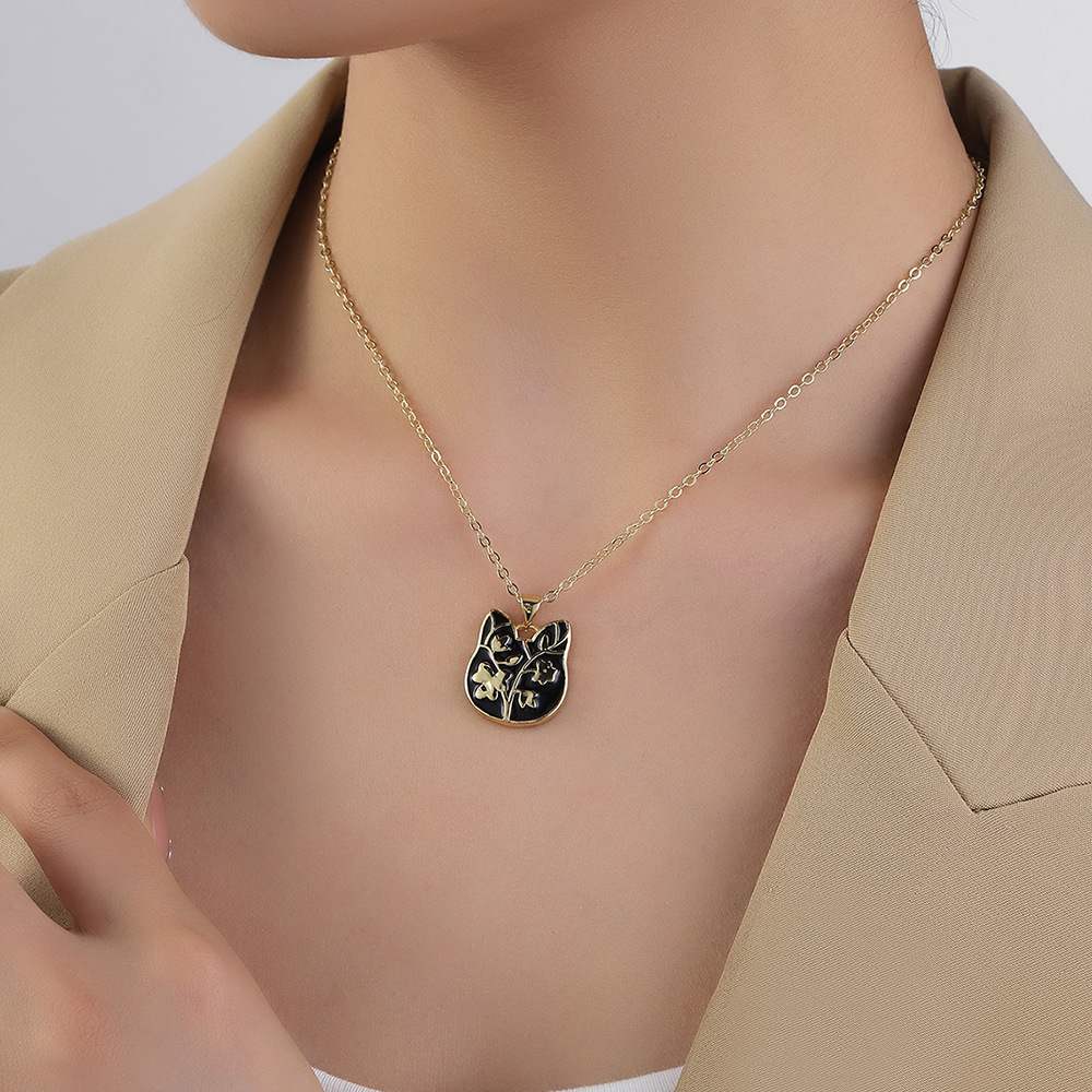 Retro Cat Flower Copper Pendant Necklace Enamel Copper Necklaces