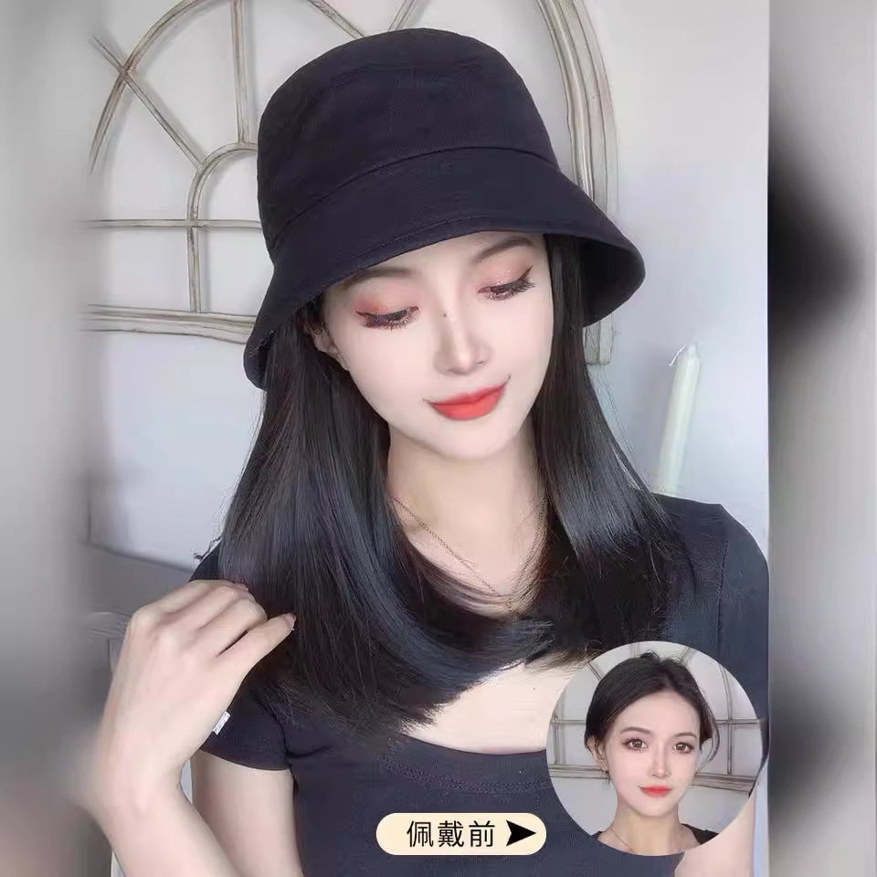 Peluca de sombrero de pescador peluca femenina hebilla interior de media longitud Peluca de pelo recto desmontable Peluca de sombrero Peluca de clavícula al por mayor