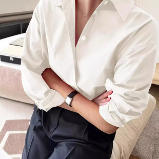 European and American Cross-Border Plus-Size Women's Clothing New Long-Sleeved Minimalist Shirt Cotton Poplin Lapel Versatile Loose Shirt Commuter Style
