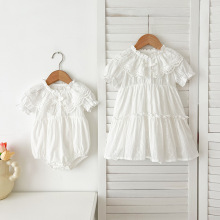 女童连衣裙夏季新翻领蕾丝女宝宝连体衣爬服短袖公主裙韩版姐妹装