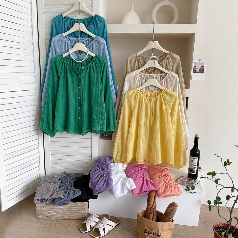 Women's Summer Solid Color Thin Balloon Sleeve Retro Vacation Style Cotton and Linen Sun Protection Shirt Women's Top Shirt