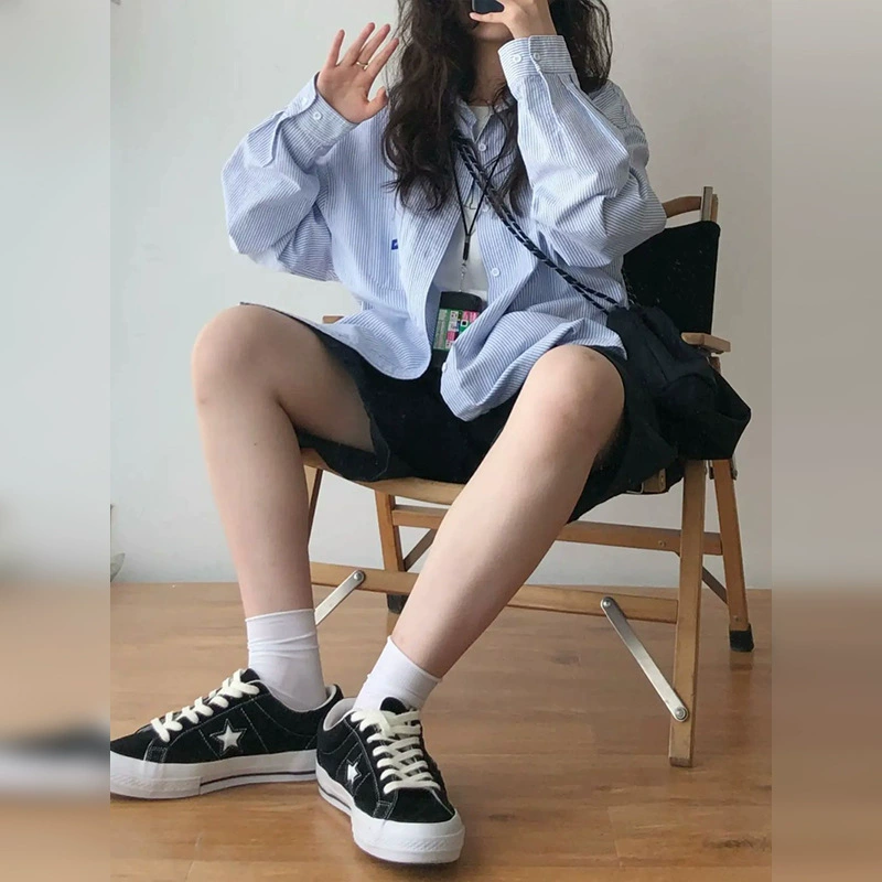 2025 весна, лето, осень, корейский топ женский свободный синий полосатый рубашка