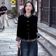 新中式洋气长袖短外套女士秋装新款别致立领撞色上衣宽松盘扣衬衫