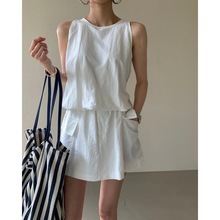 韩国chic夏季法式气质纯色拉链背心衬衫+松紧腰裤裙半身裙两件套