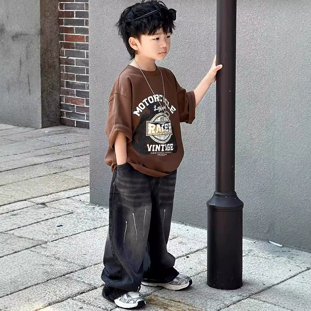 Autumn children's jeans for boys, casual trousers, Korean style, loose straight fit